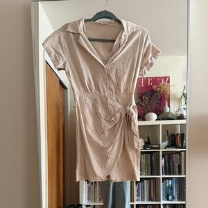 Mango Beige Tie-Waist Short-Sleeve Tunic Dress